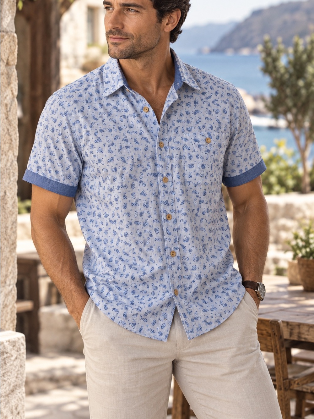 Campia Men’s Blue Paisley Short Sleeve Button-Up Shirt